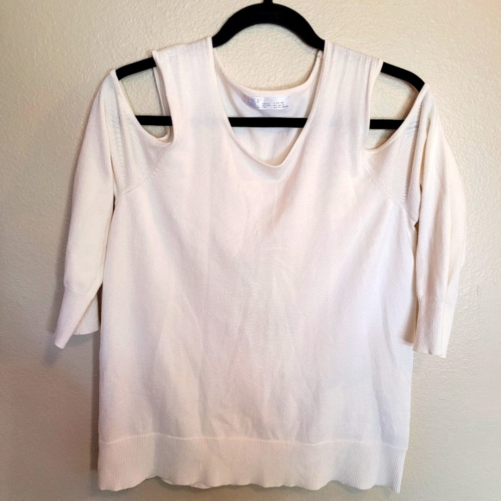 Time and Tru Cold Shoulder Women's White Summer Sweater 3/4 Sleeves Size L EUC